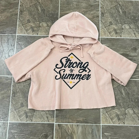 Tops - Pink Cropped Hooded Sweatshirt Long Sleeve Strong By Summer Hoodie